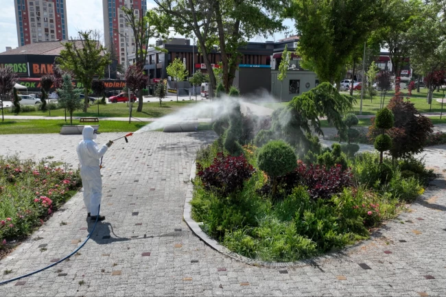 Konya'da yeşil alanları ilaçlamaya devam