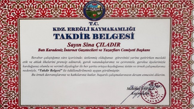 Kaymakam Yapıcı’dan BATİYAC’a takdir belgesi