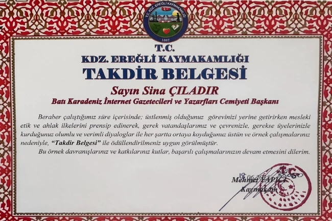 Kdz. Ereğli Kaymakamı'ndan BATİYAC Başkanı Çıladır'a takdir