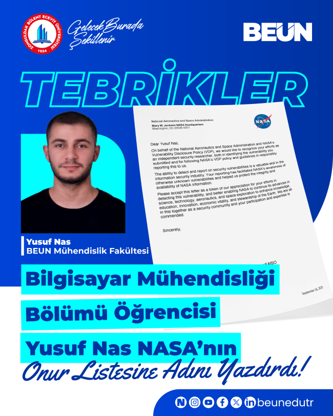 Bilgisayar Mühendisliği Bölümü Öğrencisi Yusuf Nas NASA’nın Onur Listesi'ne Adını Yazdırdı