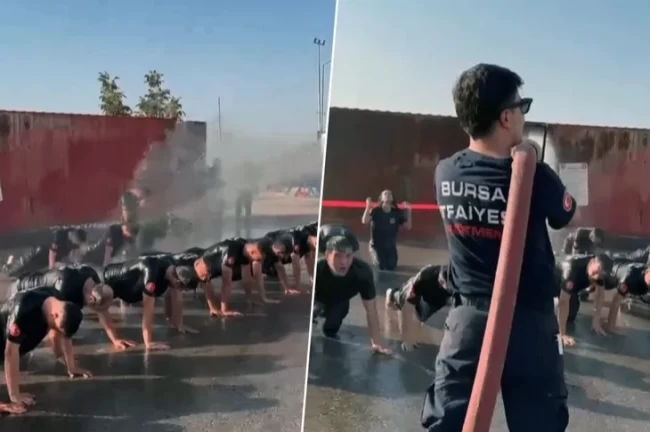 Bursa'nın yeni alev savaşçılarına tazyikli su ve şınavla kutlama