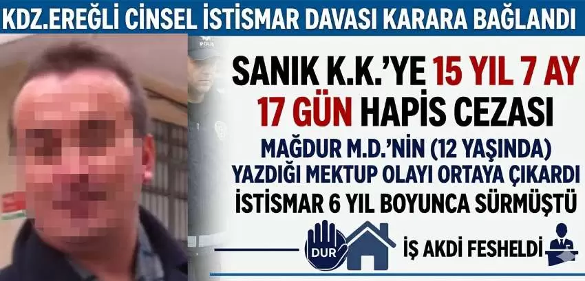 Kdz.Ereğlide istismar davasında karar çıktı: Sanığa 15 yıl 7 ay 17 gün hapis cezası verildi