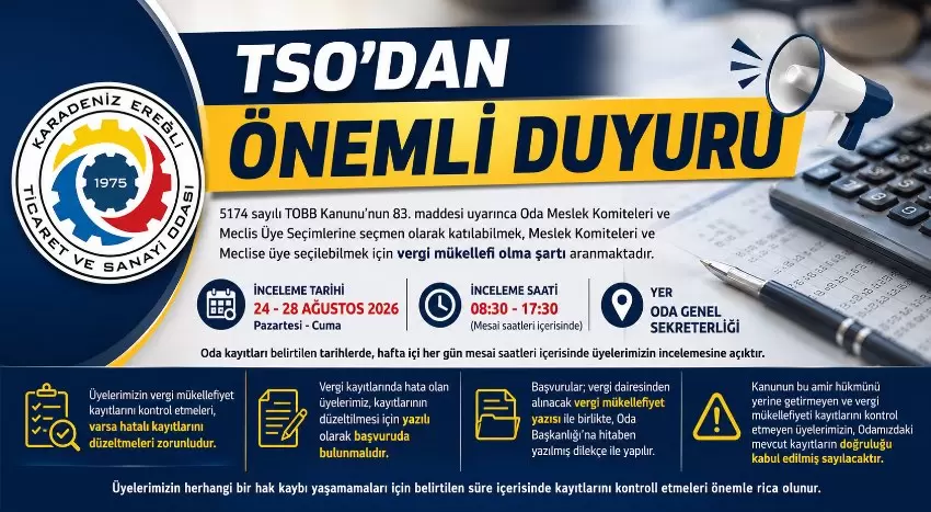 Oda üyelerine vergi kaydı uyarısı: Son başvuru 28 Ağustos