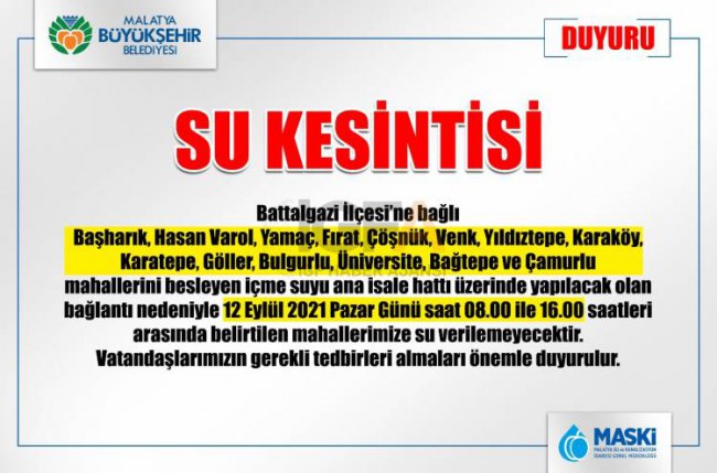 Malatya'da Planlı Su Kesintisi Olacak