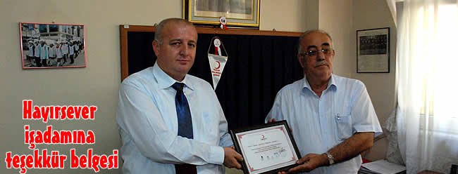 Hayırsever işadamına teşekkür belgesi