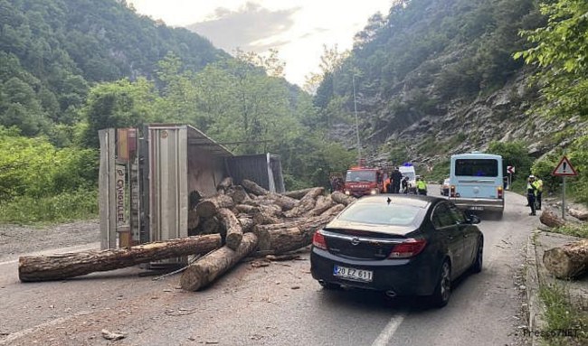 Zonguldak’ta tomruk yüklü tır devrildi