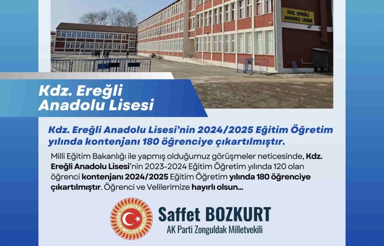 Kdz.Ereğli Lisesi öğrenci kontenjanı 180’e çıkartıldı